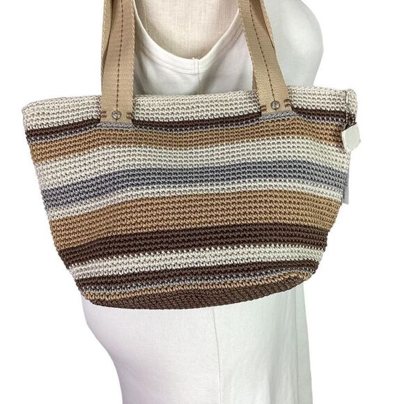 The Sak Tote Small Brown Mendocino Stripe Crochet Double Strap Zip Vegan NEW - Picture 5 of 12